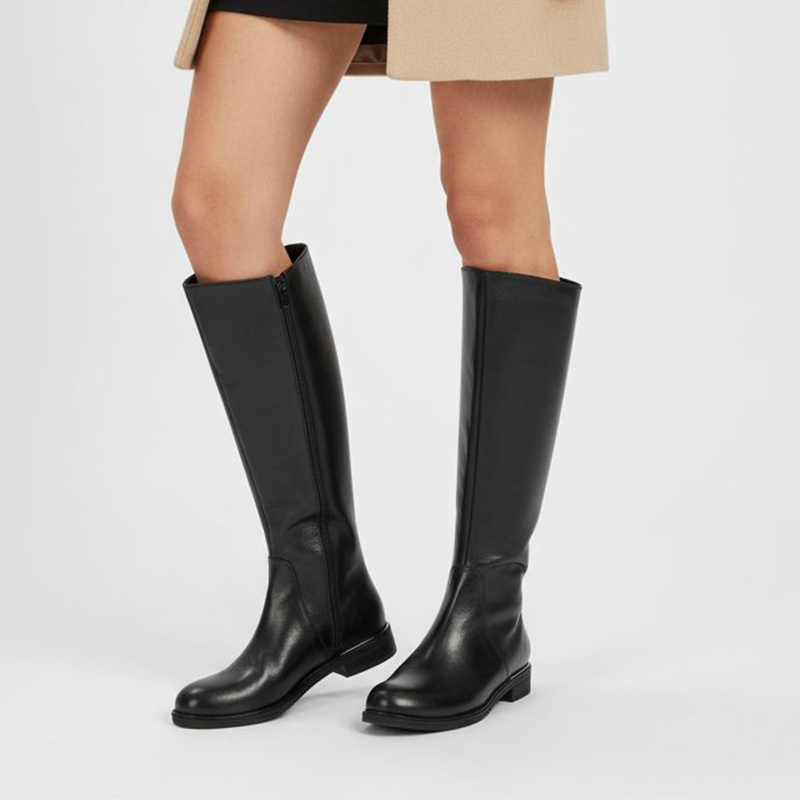 Kozaki damskie Armodo, wysoka cholewka ze skóry naturalnej na zamek na płaskim obcasie, czarne, 70150-S