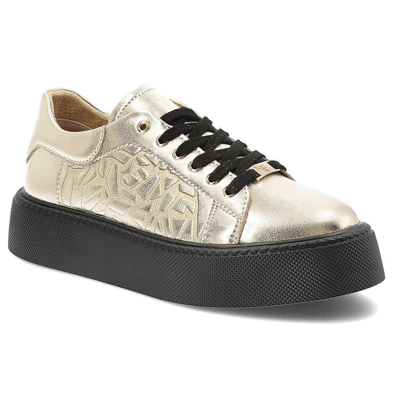 Sneakersy damskie Filippo, skórzane licowe na grubej platformie z okrągłym noskiem sznurowane, złote, DP6119-25-GO