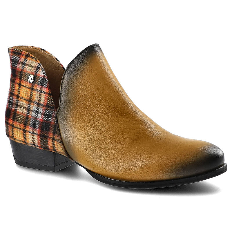 Botki damskie Maciejka, wsuwany fason niski stabilny obcas łączone materiały, żółte, 04091-07-00-5