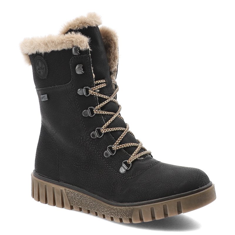 Botki damskie Rieker, za kostkę na grubej podeszwie i ocieplane futerkiem na zamek, czarne, Y3424-00