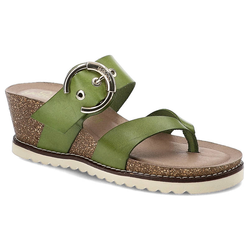 Klapki damskie Yokono, naturalna skóra licowa z szerokimi paskami na cholewce ozdobną klamrą oraz lekką podeszwą korkową, brązowe, Motril-022-Vaqueti