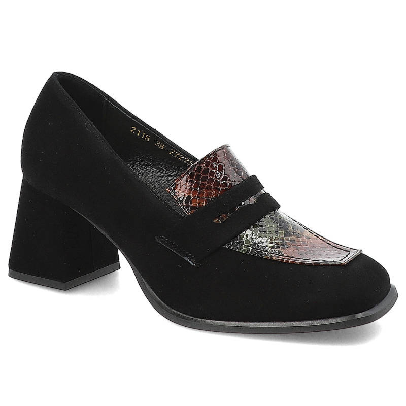 Półbuty męskie Clasicco, cholewka z miękkiego zamszu z paskiem na podbiciu i wstawką o tłoczonej strukturze stabilny obcas o prostym kształcie, czarn