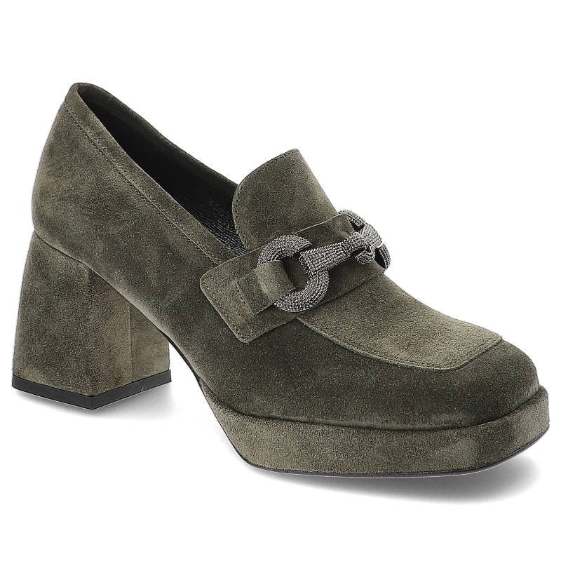 Zielone Półbuty Karino Eleganckie Skórzane Buty Na Obcasie