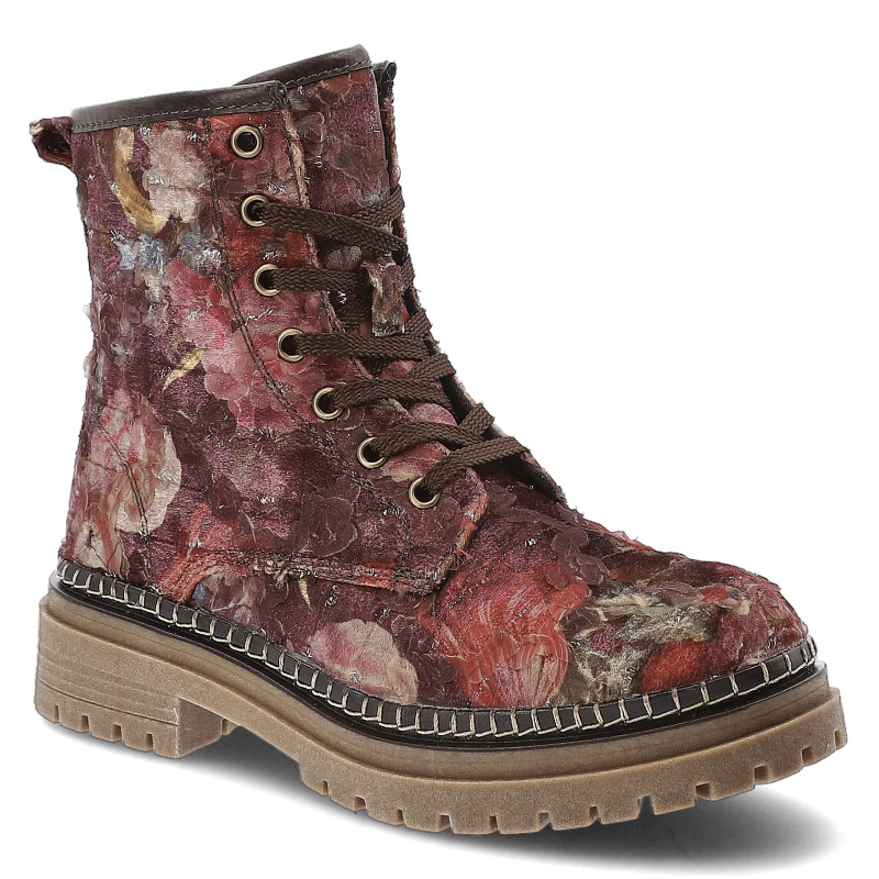 Botki damskie Artiker, na grubej podeszwie z cholewką w kwiaty okrągłym noskiem i zapinane na zamek, bordowe, 57C1055