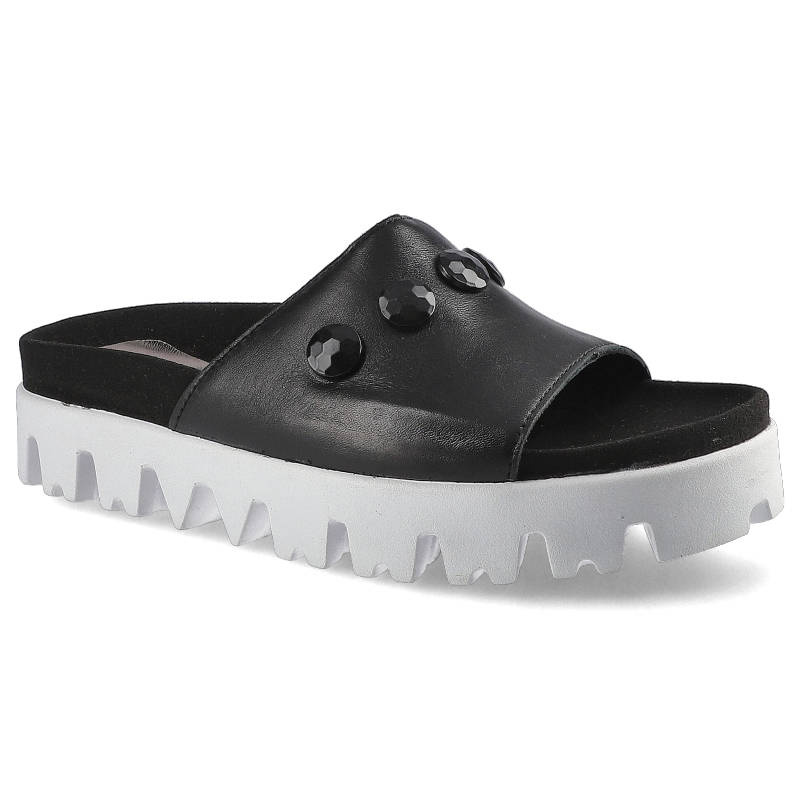 Klapki damskie Simen, ze skóry licowej z ozdobnymi kamieniami , czarne, 224A-Sandro-04