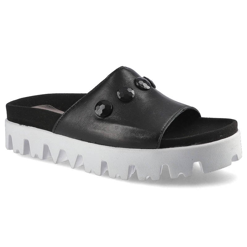 Klapki damskie Simen, ze skóry licowej z ozdobnymi kamieniami , czarne, 224A-Sandro-04