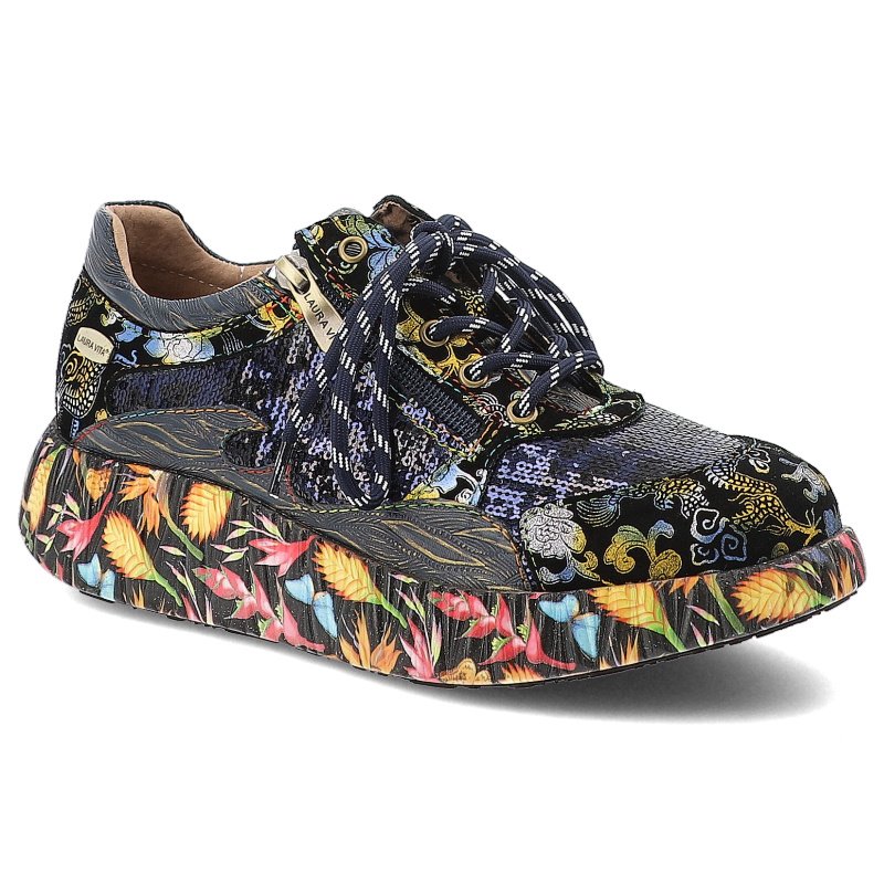 Sneakersy damskie Laura Vita, ze skóry na platformie w kwiaty z okrągłym noskiem i na zamek, niebieskie, Nikito-09-SO26803-9BS