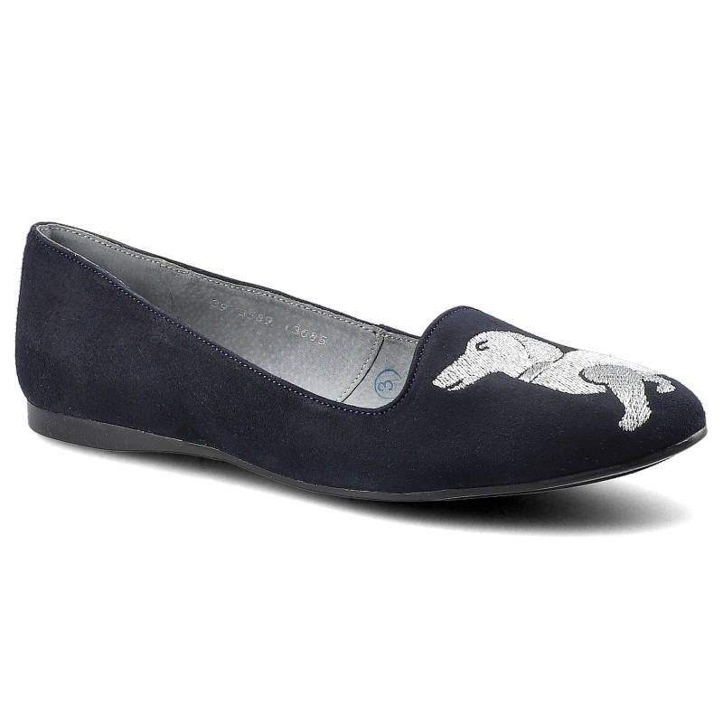 Baleriny damskie Maciejka, wsuwane ze skóry naturalnej ze wzorem psa i na płaskiej podeszwie, granatowe, 03589-17-00-5