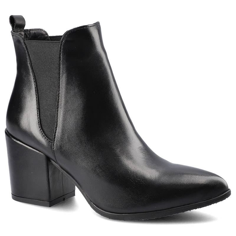 Botki damskie Chebello, wsuwany fason z elastycznymi wstawkami gładka cholewka stabilny wysoki obcas smukły nosek elegancka konstrukcja, czarne Sandr