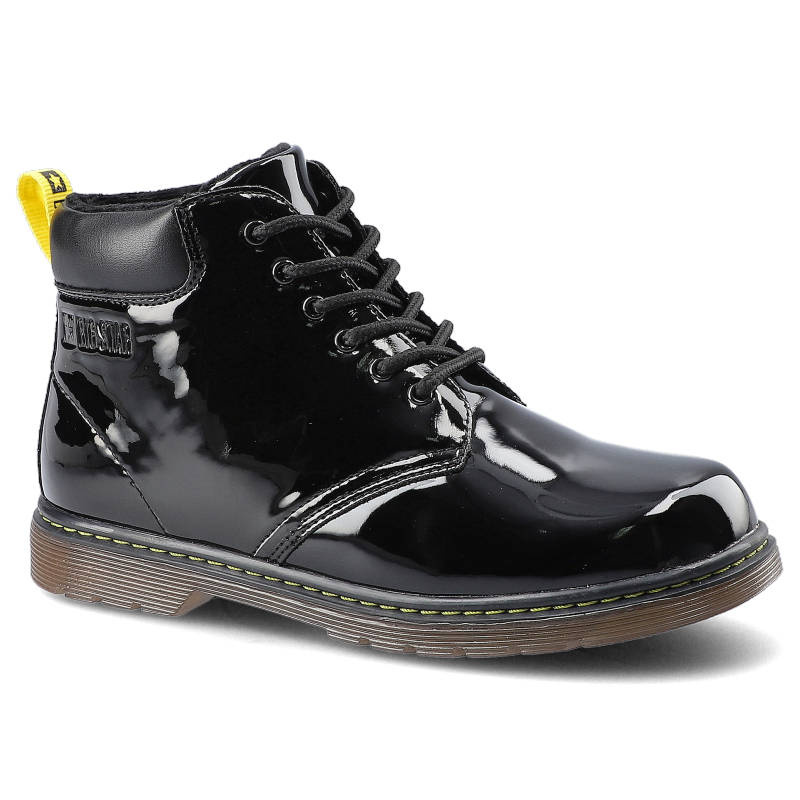 Kozaki damskie Big Star, sznurowany fason lakierowana cholewka podwyższona konstrukcja wzmocniona pięta, czarne, GG374075