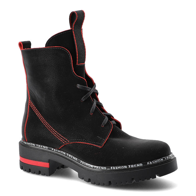 Botki damskie Lemar, z naturalnej skóry nubukowejcieplanym wnętrzem oraz grubą podeszwą z głębokim bieżnikiem zapewniającym stabilność, czerwone flot