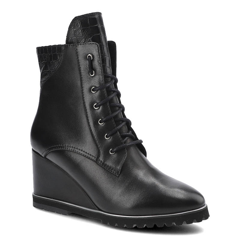 Botki damskie Libero, cholewka ze skóry naturalnej sznurowane usztywniony zapiętek podwyższona podeszwa z wyraźnym profilem, czarne, 2430-8-462