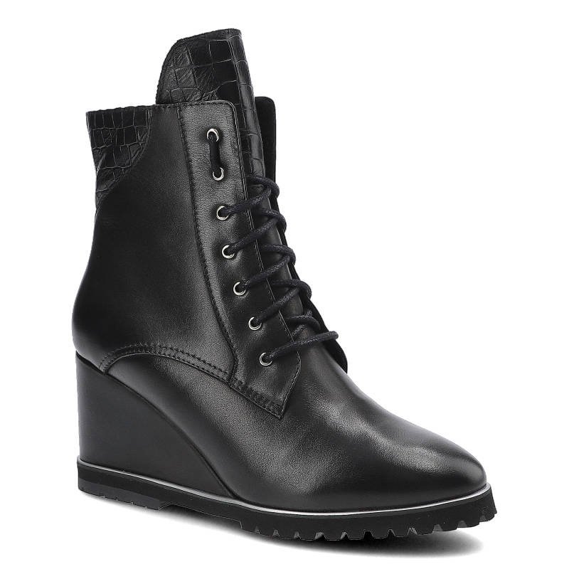 Botki damskie Libero, cholewka ze skóry naturalnej sznurowane usztywniony zapiętek podwyższona podeszwa z wyraźnym profilem, czarne, 2430-8-462