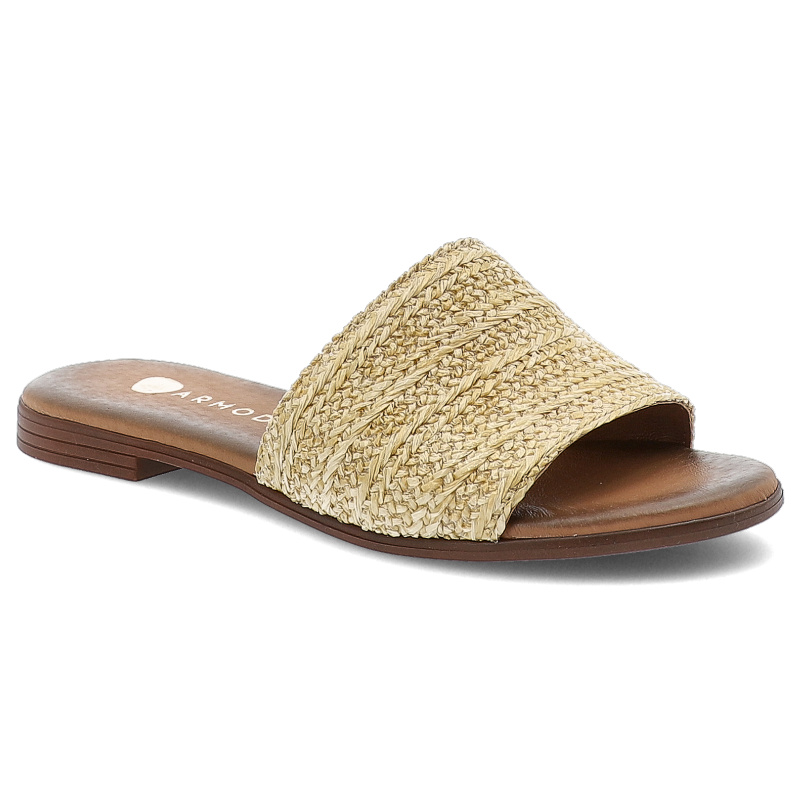 Złote Klapki Armodo Wygodne Obuwie Damskie Ze Słomkową Plecionką