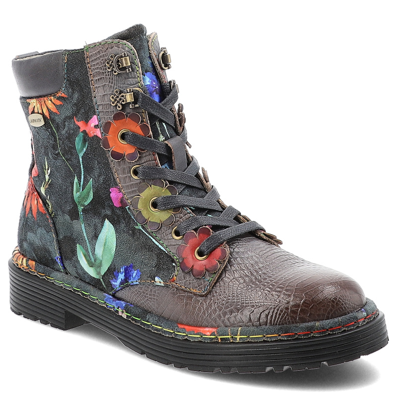 Botki damskie Laura Vita, skórzane na płaskim obcasie bogato zdobione i na suwak, kolorowe, SL1127-39