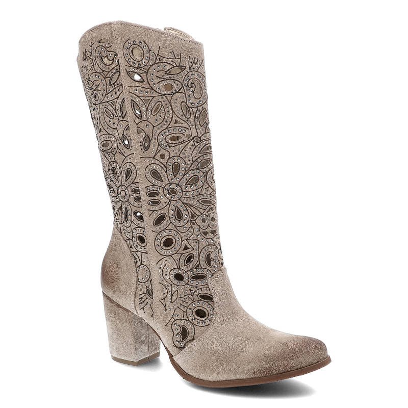 Kowbojki damskie Exquisite, ażurowa cholewka z dekoracyjnym wycinaniem naturalna faktura materiału stabilny obcas, sahara, 1289