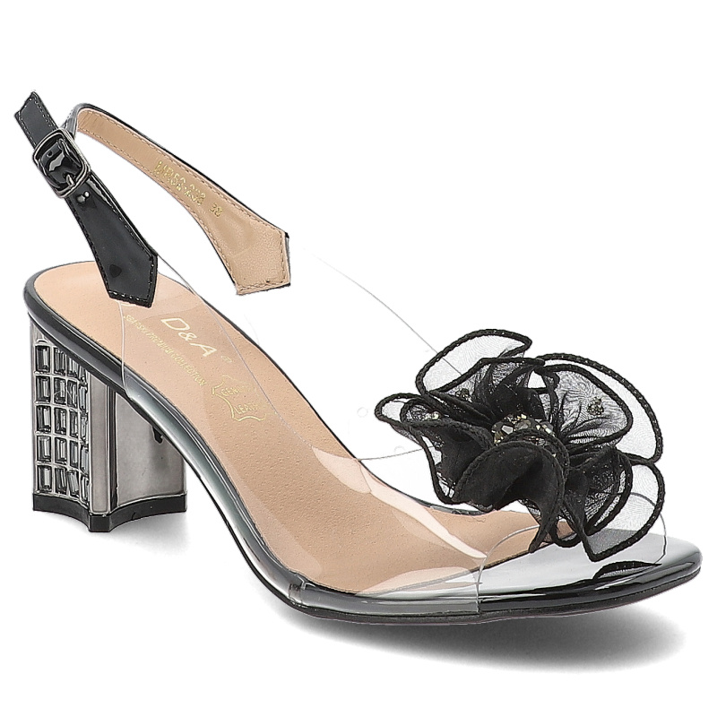 Sandały damskie S. Barski, na słupku transparentne z ozdobnym kwiatem i odkrytą piętą, czarne, MR52-238