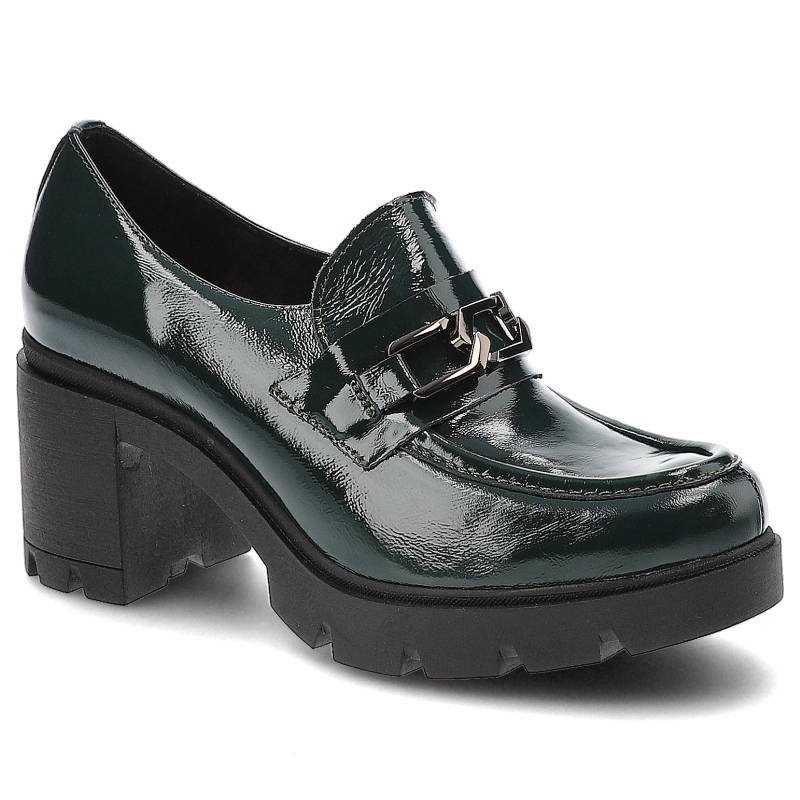 Półbuty damskie Lemar, lakierowana skórzana cholewka wsuwana forma masywna podeszwa stabilny obcas typu klocek, naplak oliwka, 20115-Cn