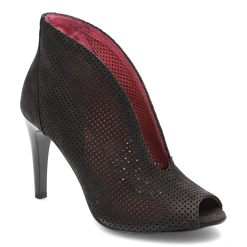 Botki damskie Karino, skóra naturalna perforowana z otwartymi palcami i na szpiczastym obcasie, czarne, 1880-136-P