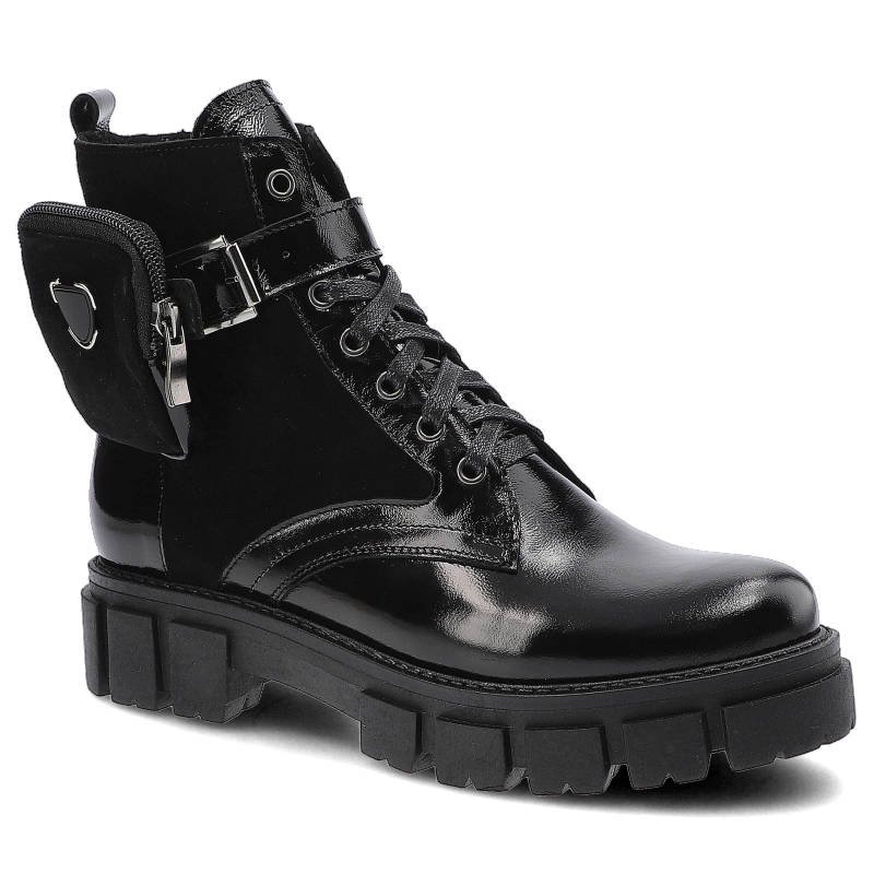 Botki damskie Pollonus, cholewka ze skóry naturalnej gładkiej sznurowanie dodatkowe zapięcie na klamrę wzmocniony nosek wyprofilowana wkładka ozdobny