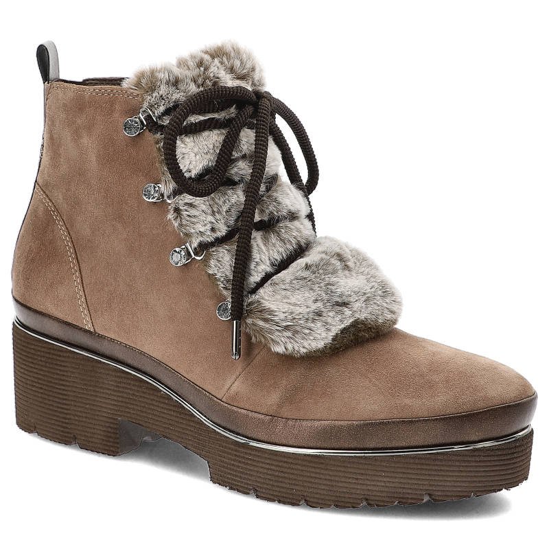 Botki damskie Tamaris, z miękkiej skóry zamszowej z ocieplanym wykończeniem i sznurowaniem na metalowych haczykach oraz grubą podeszwą, taupe, 1-2626