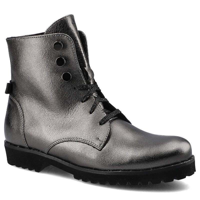 Botki damskie Karino, naturalna skóra licowa ze sznurowaniem i rozpinanym suwakiem z boku, srebrne, 2275-115-F