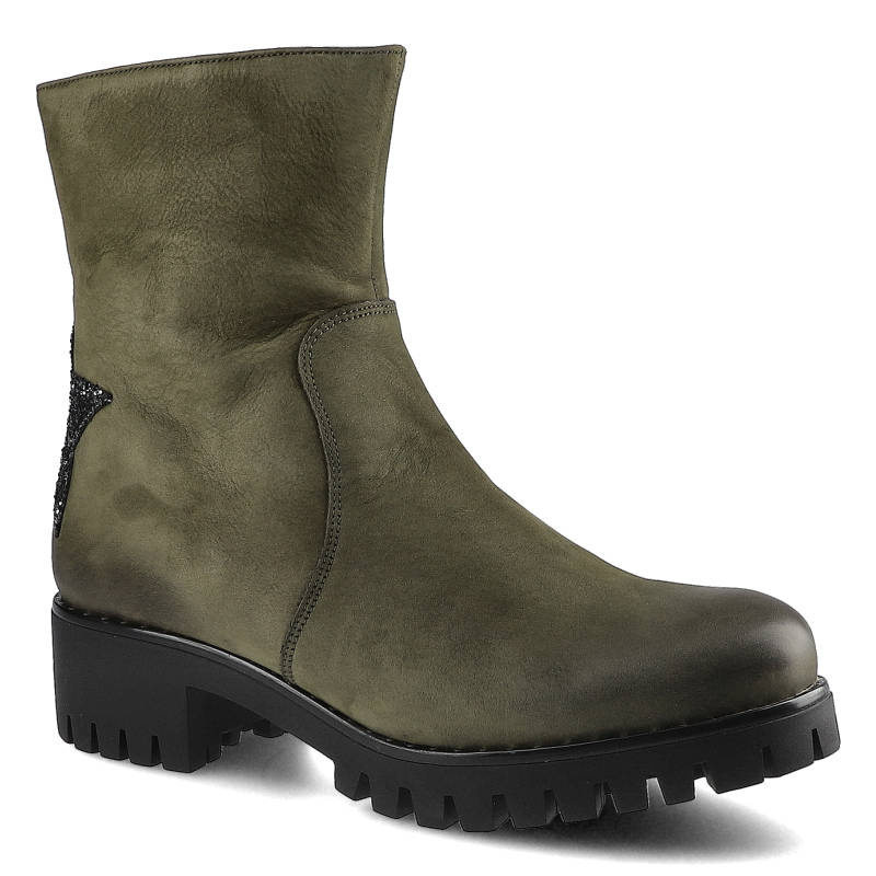 Botki damskie Karino, matowa skóra nubuk z suwakiem z boku i połyskującą gwiazdą na zapiętku, zielone, 2252-066-M