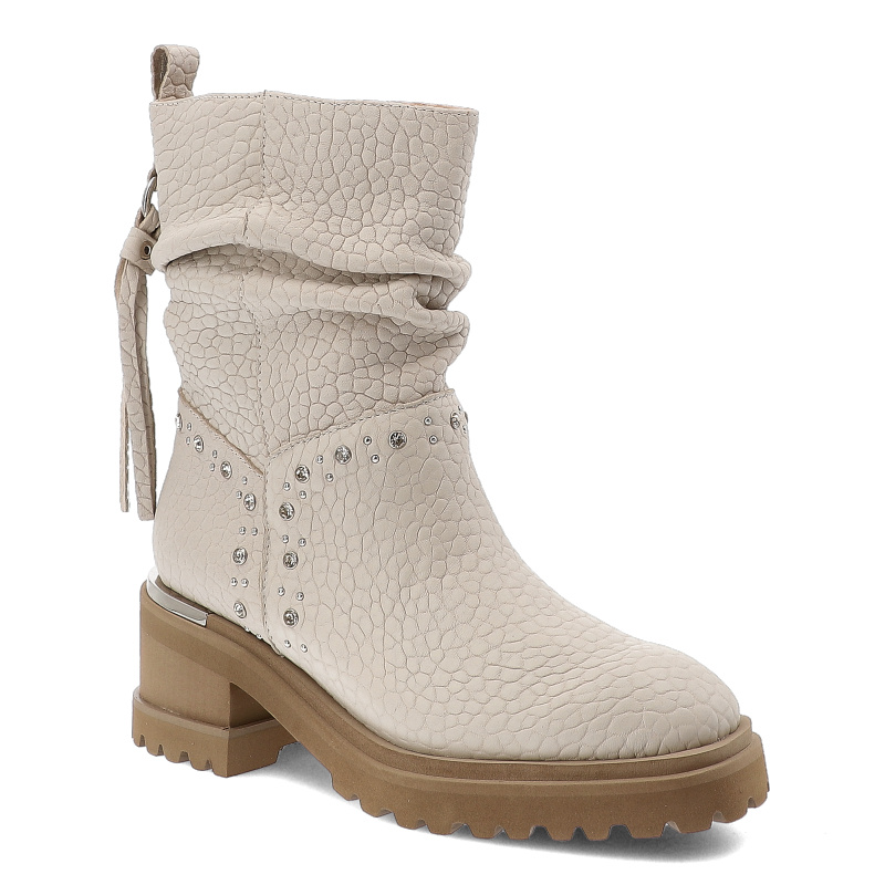 Botki damskie Alma en Pena, skórzane z marszczoną cholewką i ozdobami na klocku z okrągłym noskiem i na zamek, beżowe, I251184