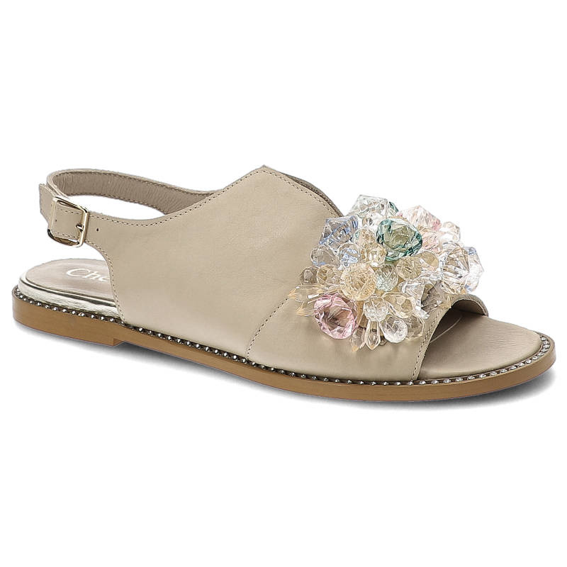 Sandały damskie Chebello, naturalna skóra licowa ozdobny kwiat z kryształowych aplikacji na pasku płaska podeszwa, bezowy, 2937_-394-000-PSK-S130