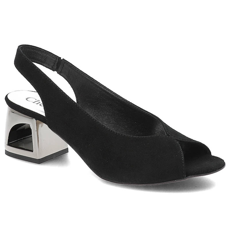Sandały damskie Chebello, naturalna skóra zamszowa z odkrytym przodem regulowanym paskiem z tyłu oraz stabilnym obcasem, czarne, 2291_037-000-PSK-S22
