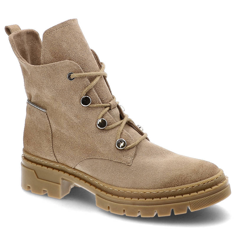 Botki damskie Chebello, zamszowa cholewka sznurowanie z metalowymi oczkami boczny suwak gruba podeszwa z bieżnikiem, beżowe, 2515_312-000-MIC-S101
