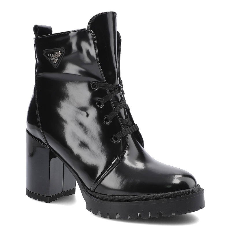 Botki damskie Karino, lakierowana cholewkaklasyczne sznurowanie i stabilny obcas na platformie, czarne, 3873-090-F