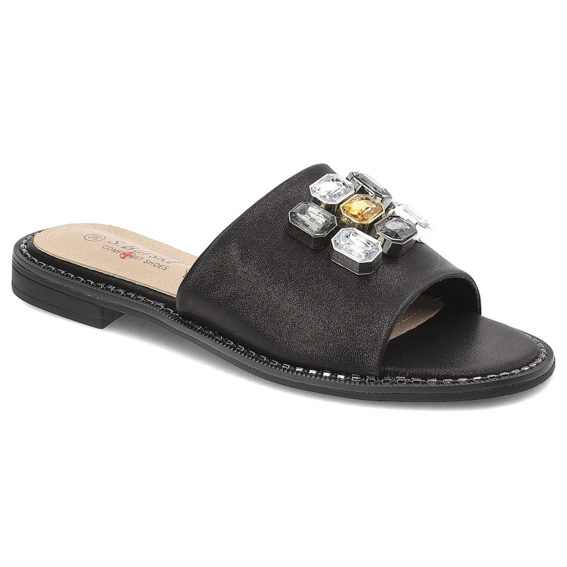 Czarne Klapki S.Barski Modne Obuwie Damskie Z Ozdobami