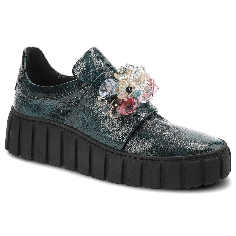 Półbuty damskie Damiss, skórzana cholewka wsuwaneozdobna aplikacja z kryształów, zielone szkło, DS-632