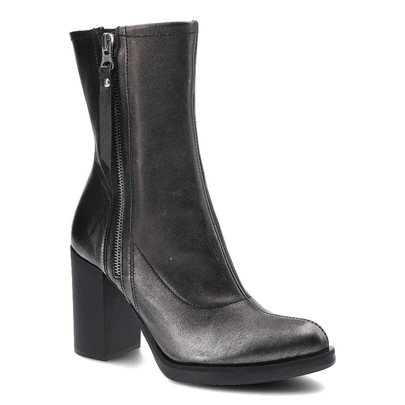 Botki damskie Grace, skóra naturalna licowa z zapinaniem na suwak na wysokim słupku, czarne, 2048