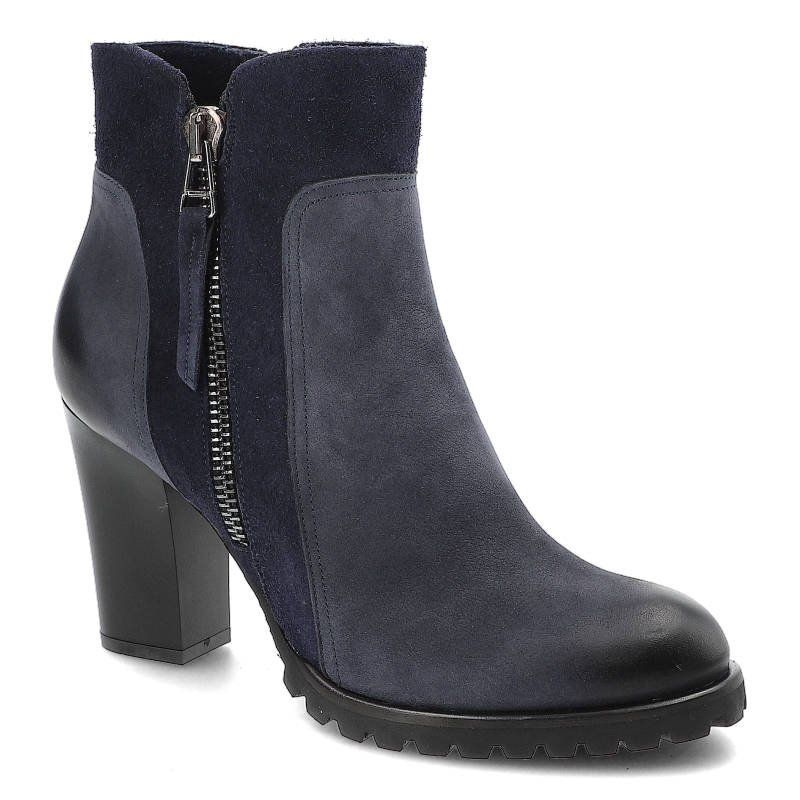 Botki damskie Szydłowski, skóry naturalne zapinane na suwak i na stabilnym klocku, granatowe, 1326-Granat-134-129