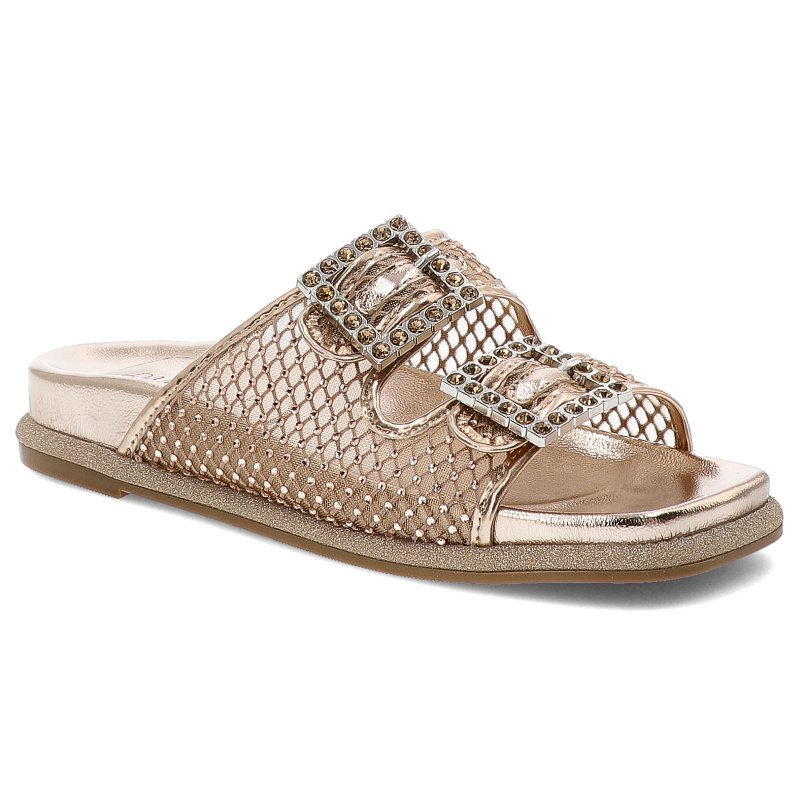 Złote Klapki Laura Vita Eleganckie Błyszczące Obuwie Damskie
