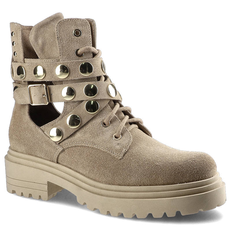 Botki damskie Carinii, sznurowany fason cholewka ze skóry naturalnej zamszowej podwyższona cholewka za kostkę ozdobne paski z metalowymi nitami masyw