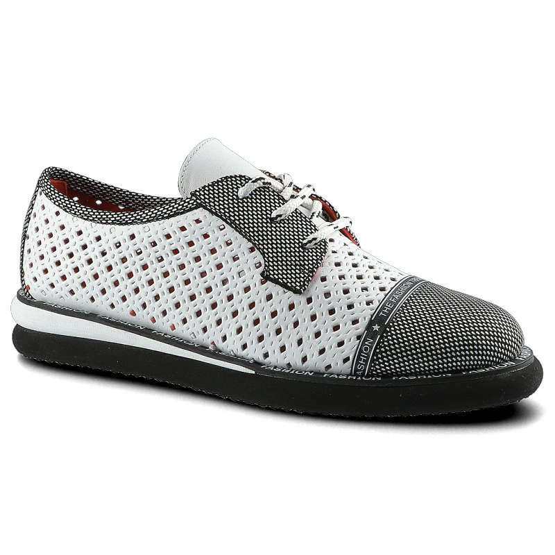 Półbuty damskie Lanqier, wykonane z materiału o otwartej ażurowej strukturze z kontrastowymi wzmocnieniami z klasycznym sznurowaniem, białe, 46C2339