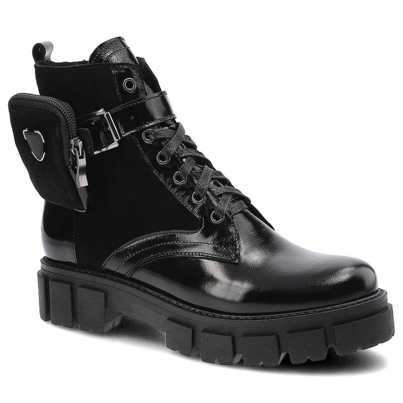 Botki damskie Pollonus, cholewka ze skóry naturalnej gładkiej sznurowanie dodatkowe zapięcie na klamrę wzmocniony nosek wyprofilowana wkładka ozdobny