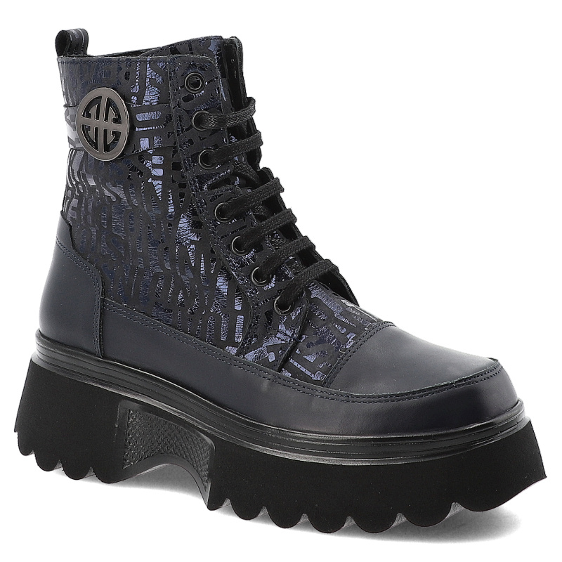 Botki damskie Artiker, skórzane z wzorkami za kostkę na platformie z okrągłym noskiem i na suwak, granatowe, 57C2271