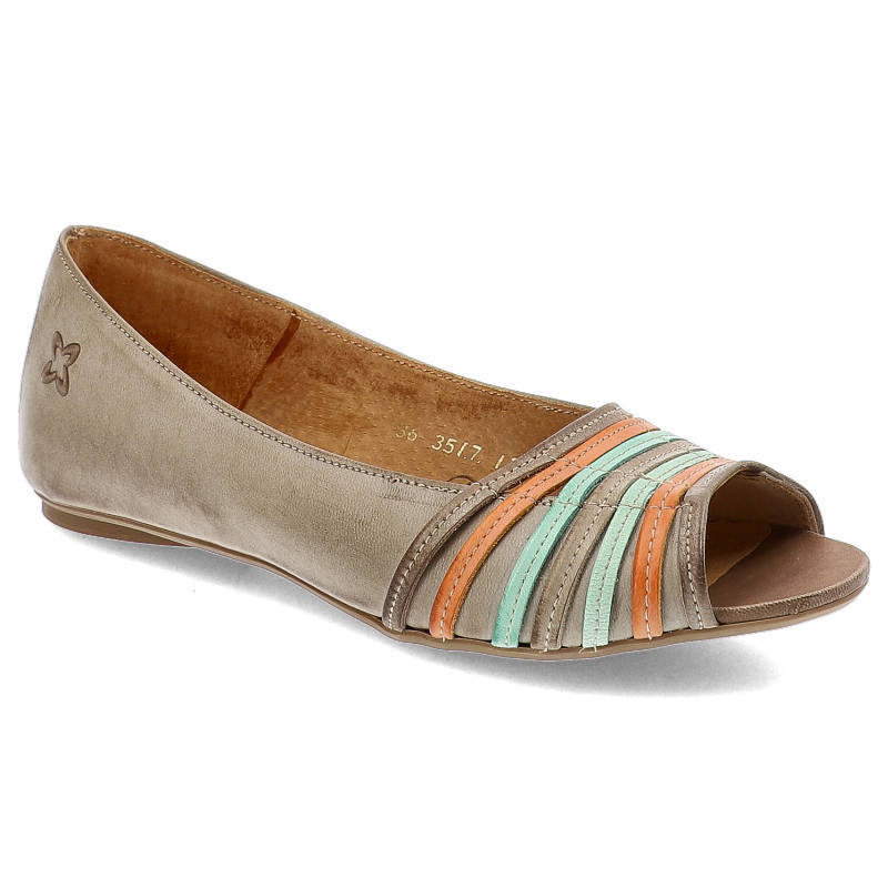 Baleriny damskie Maciejka, Skóra naturalna z naszywanymi kolorowymi pasami skóry na otwartym nosku, beżowe, 03517-04-00-5