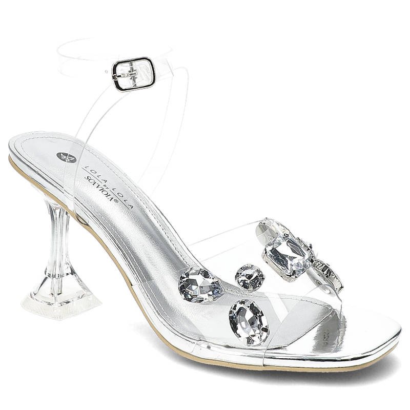 Sandały damskie Scaviola, transparentna cholewka z dekoracyjnymi kryształami regulowany pasek przy kostce, silver, H-21