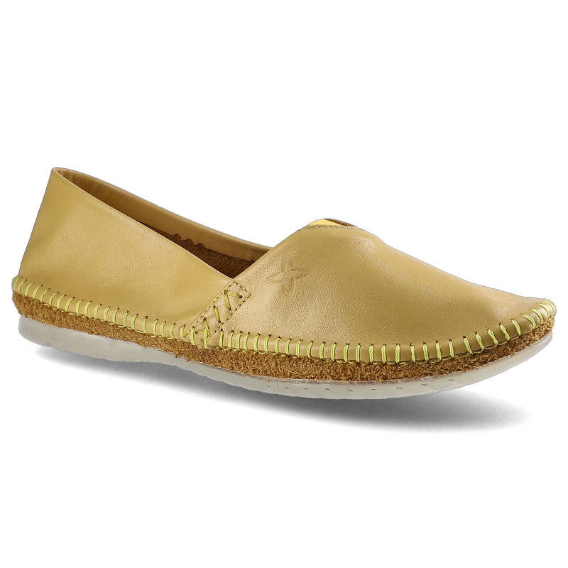 Baleriny damskie Maciejka, naturalna skóra licowa z wyeksponowanymi przeszyciami i wytłoczonym logo, żółte, 01930-07-00-0