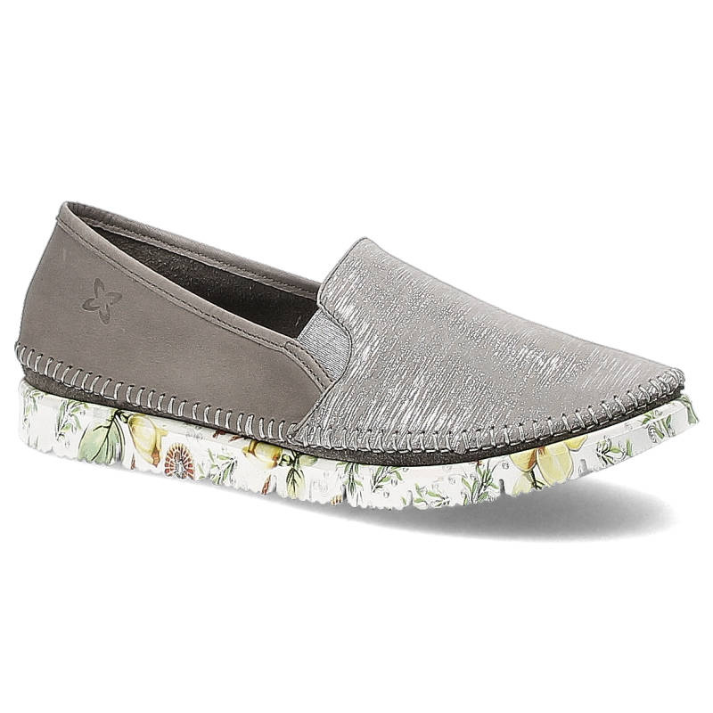 Półbuty damskie Maciejka, wsuwane skóry naturalne z wytłoczonym logo i gumowym ściągaczem, popielate, 03512-03-00-0