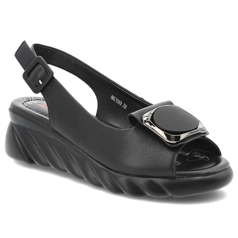 Sandały damskie Artiker, skórzane licowe na platformie zapinane sprzączką, czarne, 56C1569