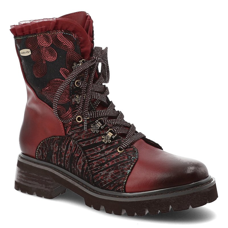 Botki damskie Laura Vita, trzewiki skórzane z falbanką i ozdobami z okrągłym noskiem i na zamek, czerwone, Kouleo-16