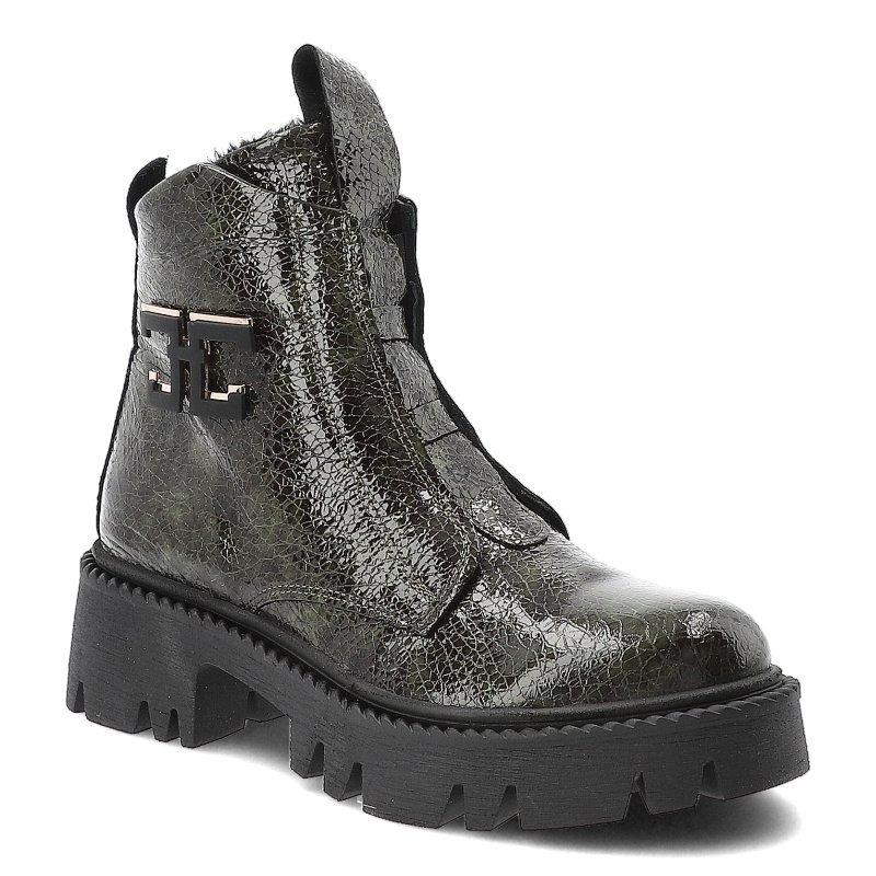 Botki damskie Artiker, skórzane we wzory z ozdobą za kostkę i na grubym obcasie z okrągłym noskiem i na suwak, zielone, 57C2080