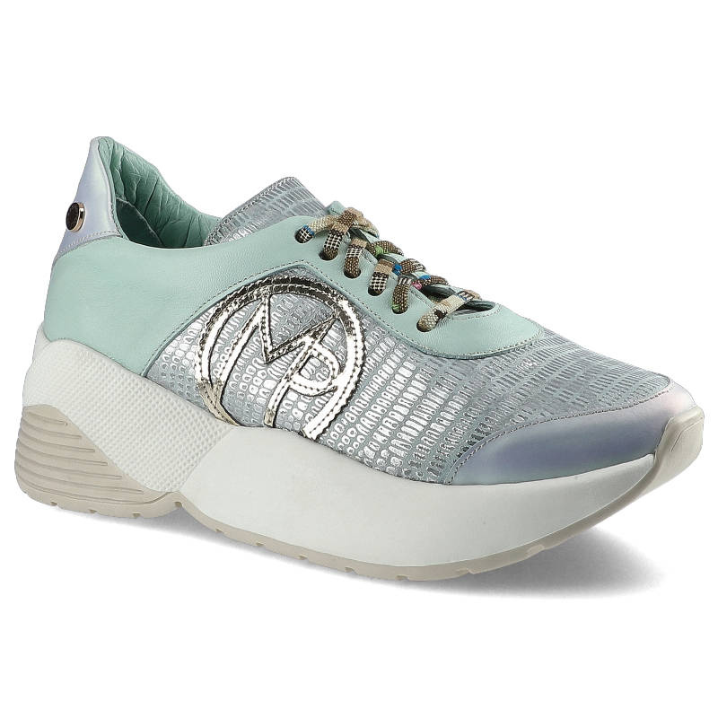 Sneakersy damskie Massimo Poli, ze skórzaną cholewką o tłoczonej fakturze sznurowaniem na podbiciu bocznym emblematem, miętowe, 2Y1-20-0633