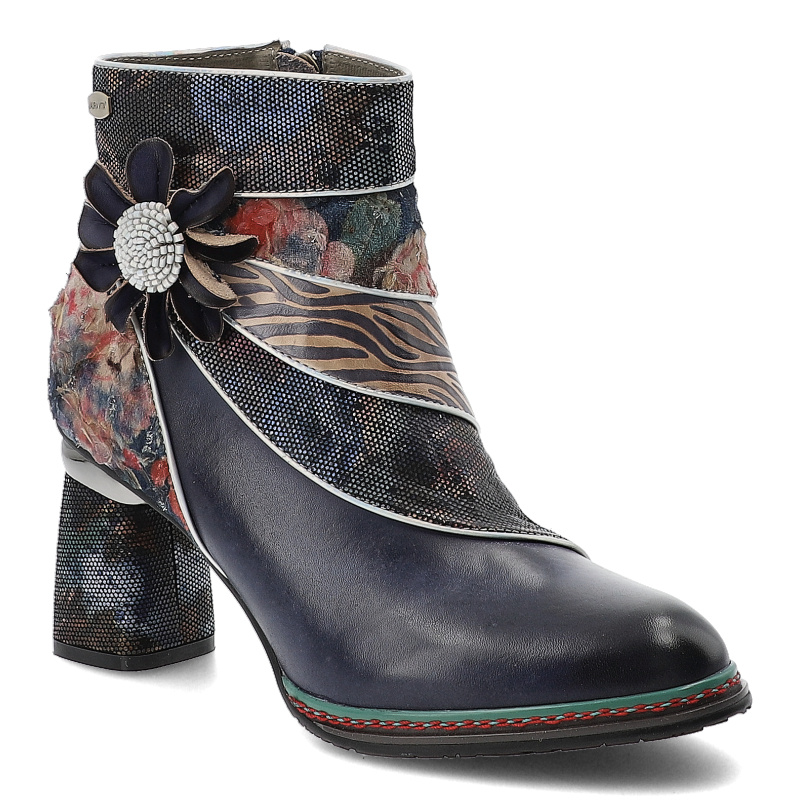 Botki damskie Laura Vita, ze skóry z kwiatem zdobione na słupku z okrągłym noskiem i na suwak, niebieskie, Kinoao-13